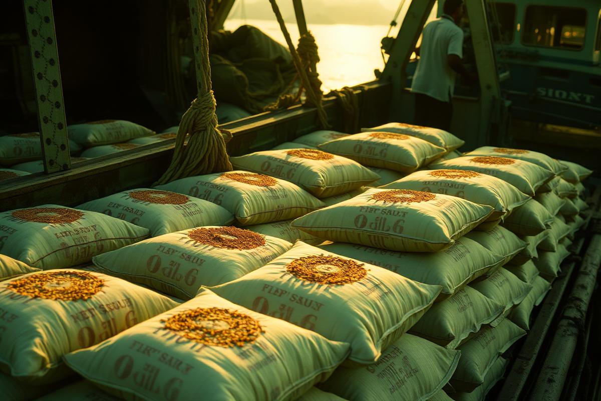 Sacks of Indian agricultural produce being loaded for export at a port