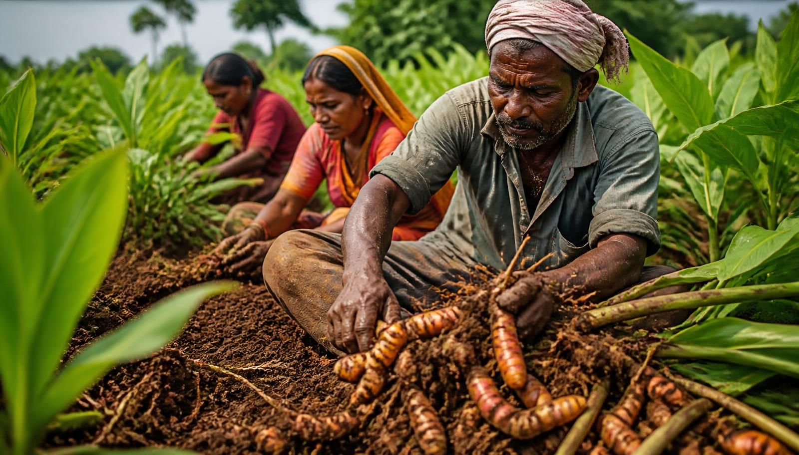 Farm workers harvesting fresh turmeric roots