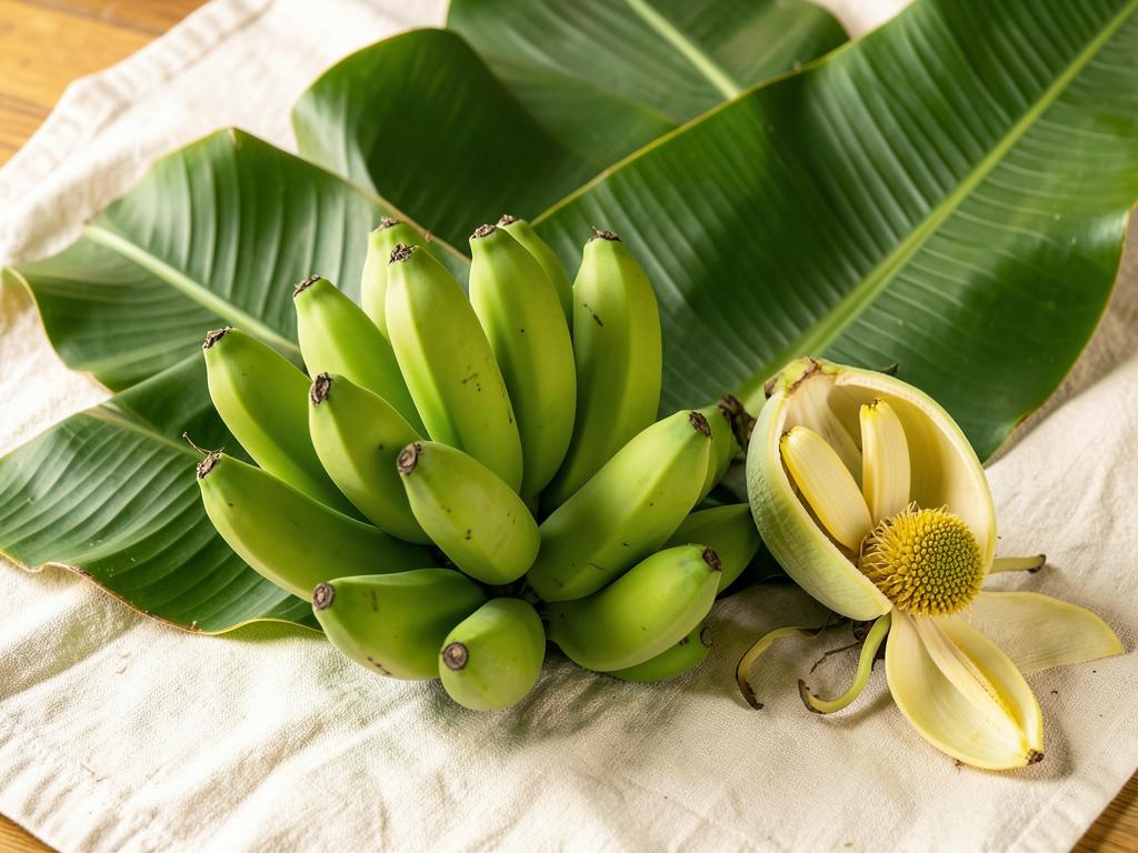 Raw green bananas with banana leaves and banana blossom