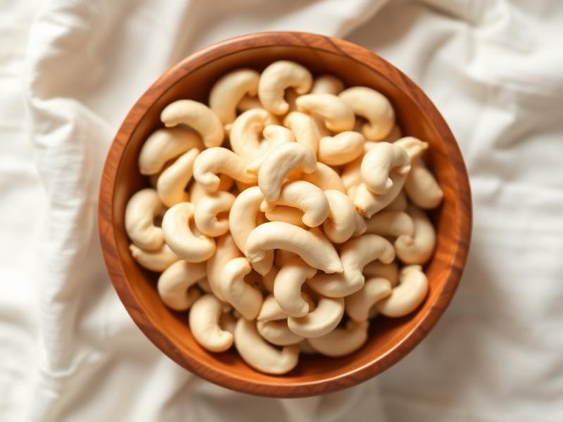 Whole white cashew kernels in a wooden bowl
