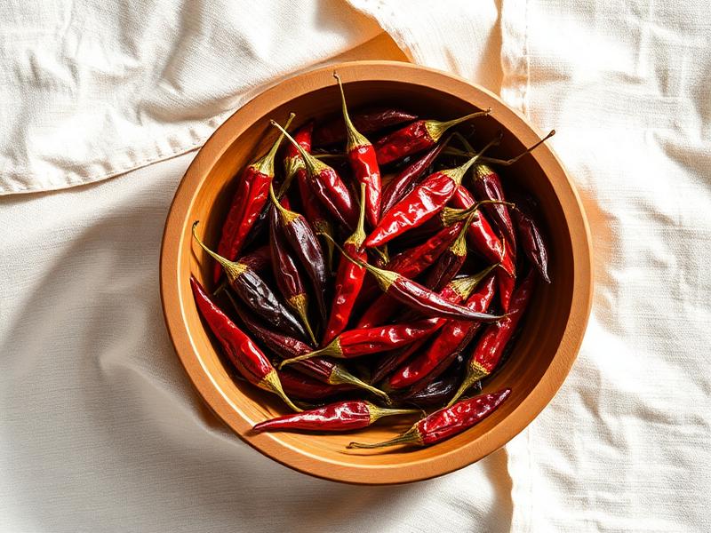 Dried red export-grade chillies in a wooden bowl