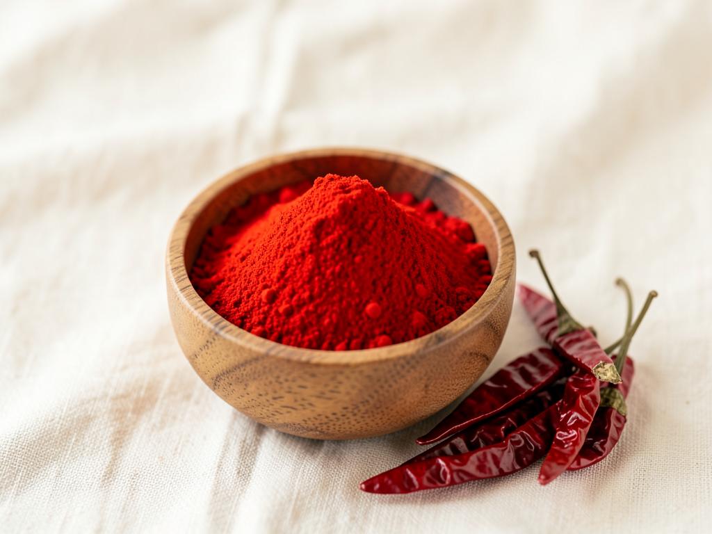 Organic red chilly powder in a wooden bowl with dried chillies