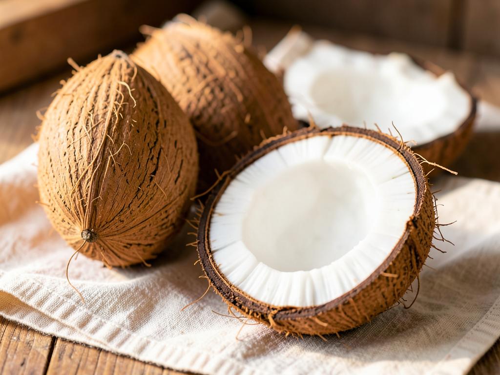Whole and halved coconuts on cream linen