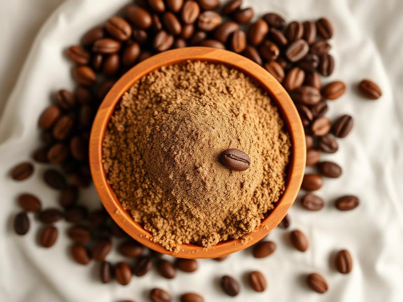 Ground coffee powder and roasted coffee beans in a wooden bowl