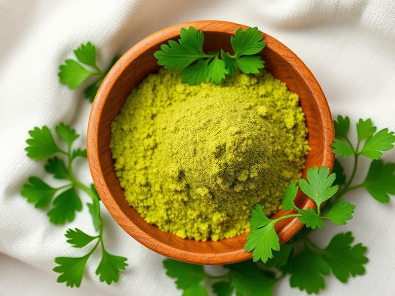 Green coriander powder in a wooden bowl with fresh coriander leaves