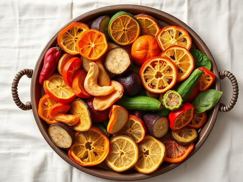 Assorted dehydrated vegetable and fruit slices on a rustic tray