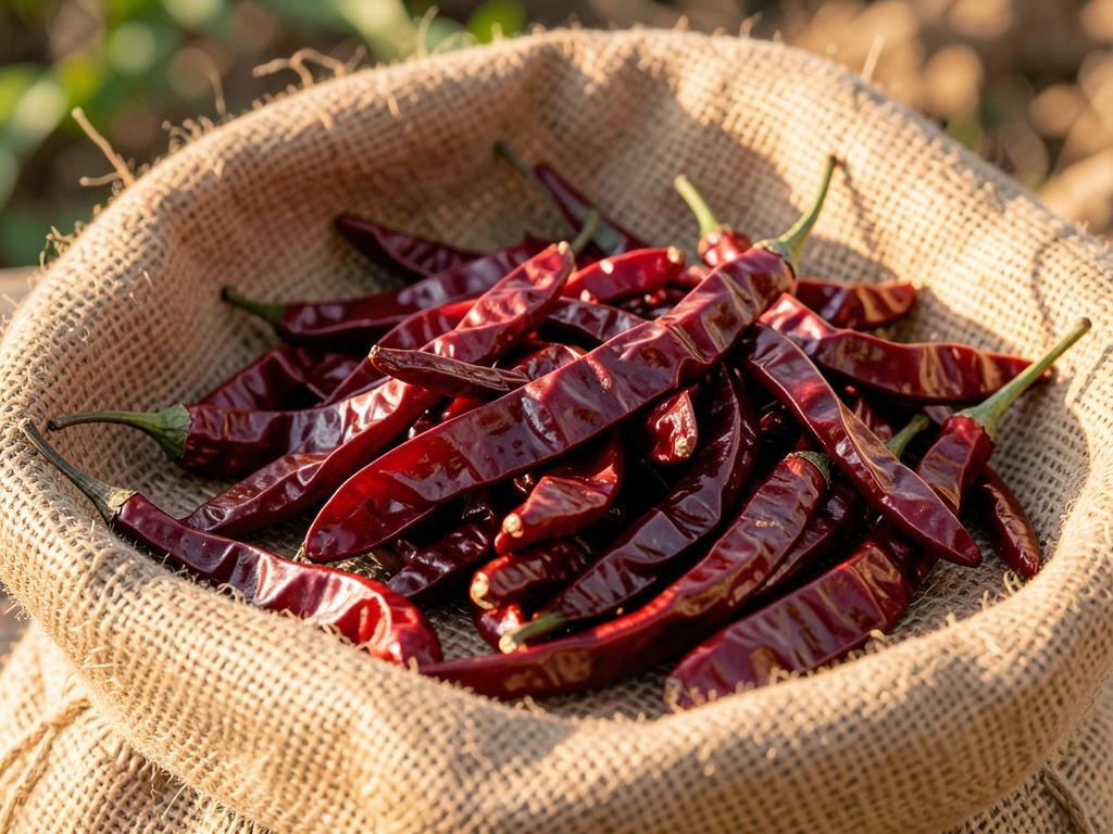 Sun-dried Byadgi, Teja and Sannam red chillies on a jute sack