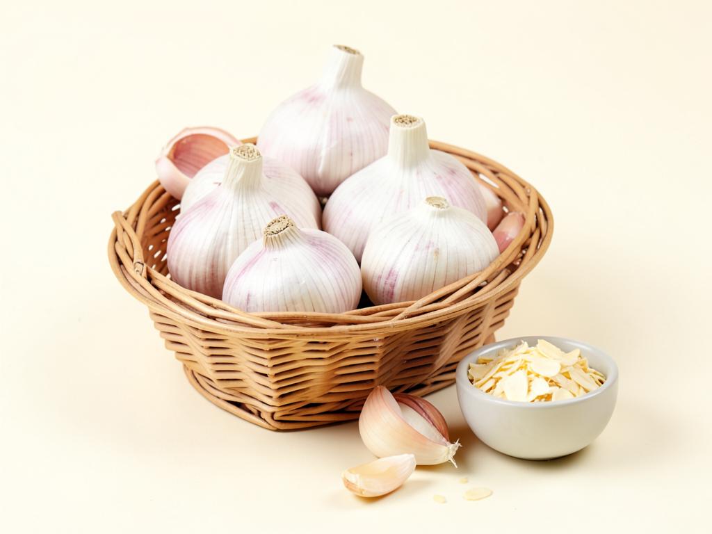 Whole garlic bulbs with peeled cloves and garlic flakes