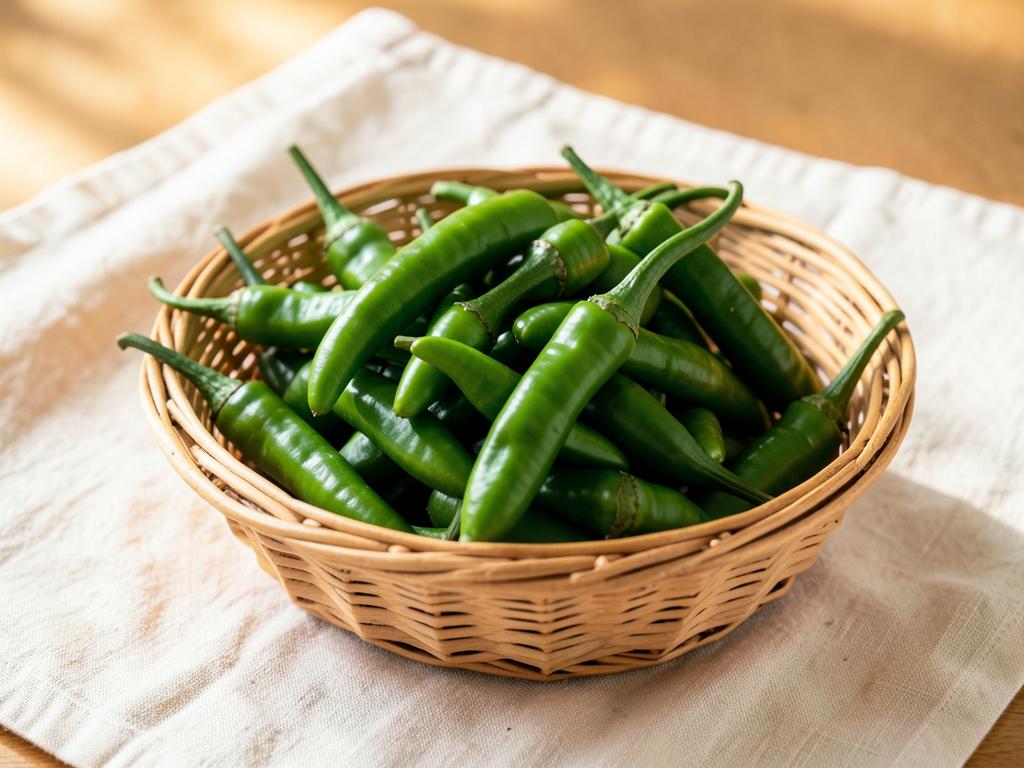 Fresh green Gauri and Eagle chillies in a woven basket