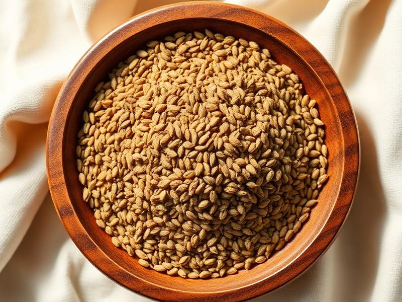 Cumin seeds in a dark wooden bowl on cream linen