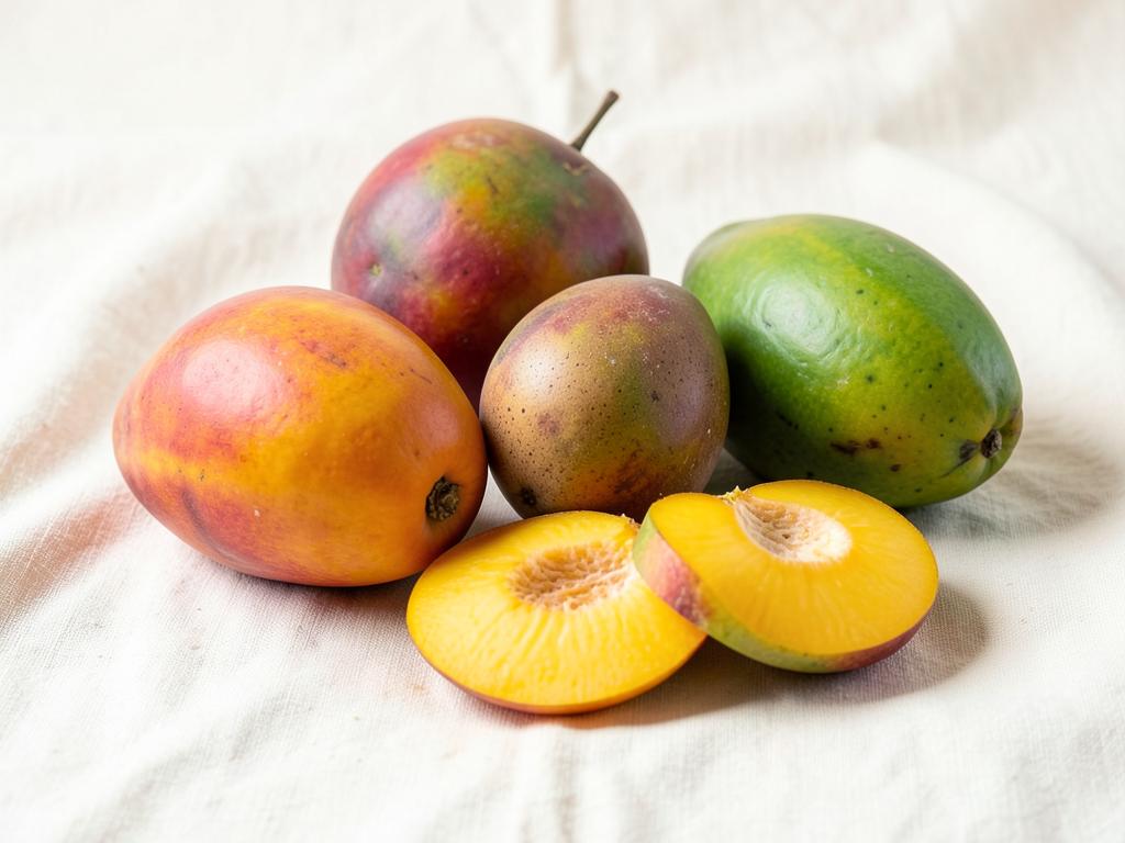 Ripe Indian Rasalu, Alphonso and Banganapalli mangoes on cream linen