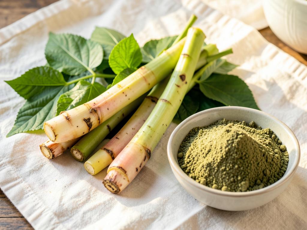 Moringa drumsticks with green leaves and a bowl of moringa leaf powder