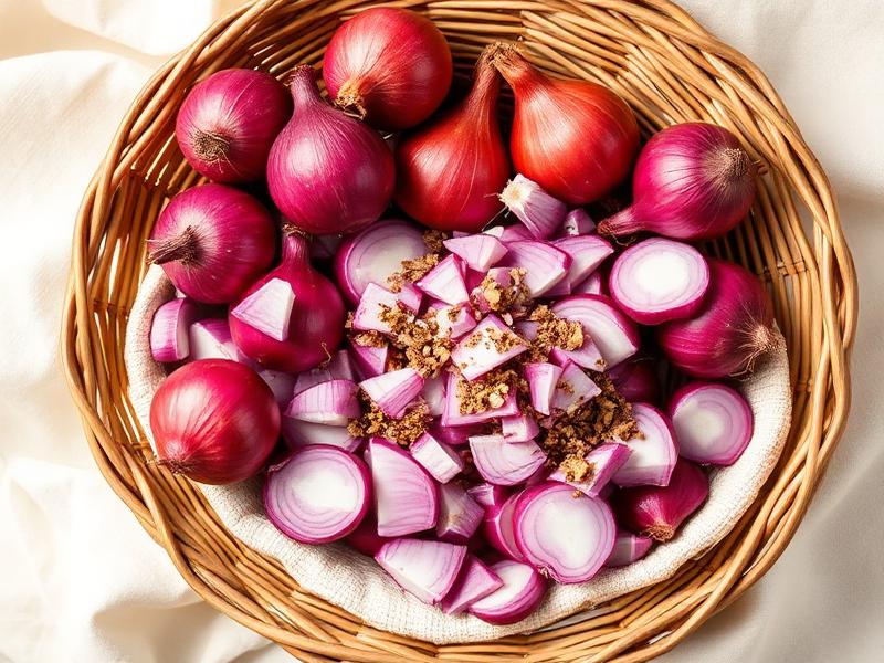 Fresh red export onions in a woven basket
