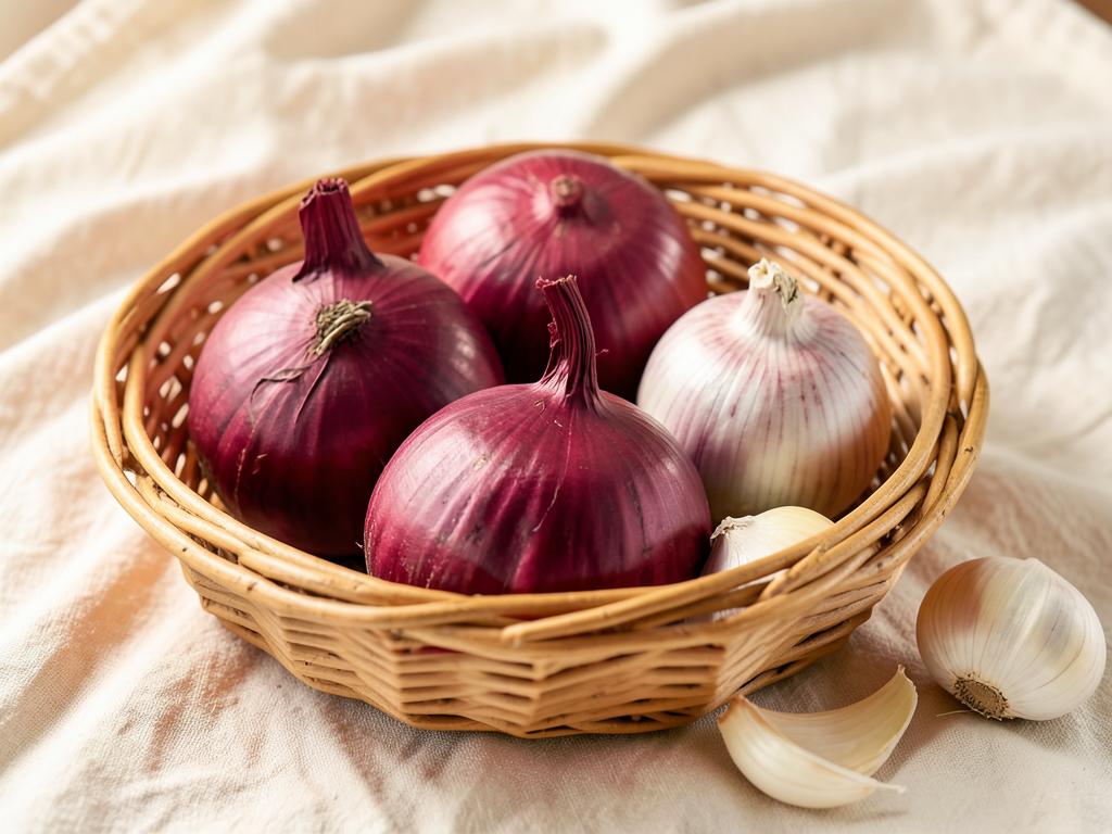 Fresh red onions and garlic bulbs in a woven basket