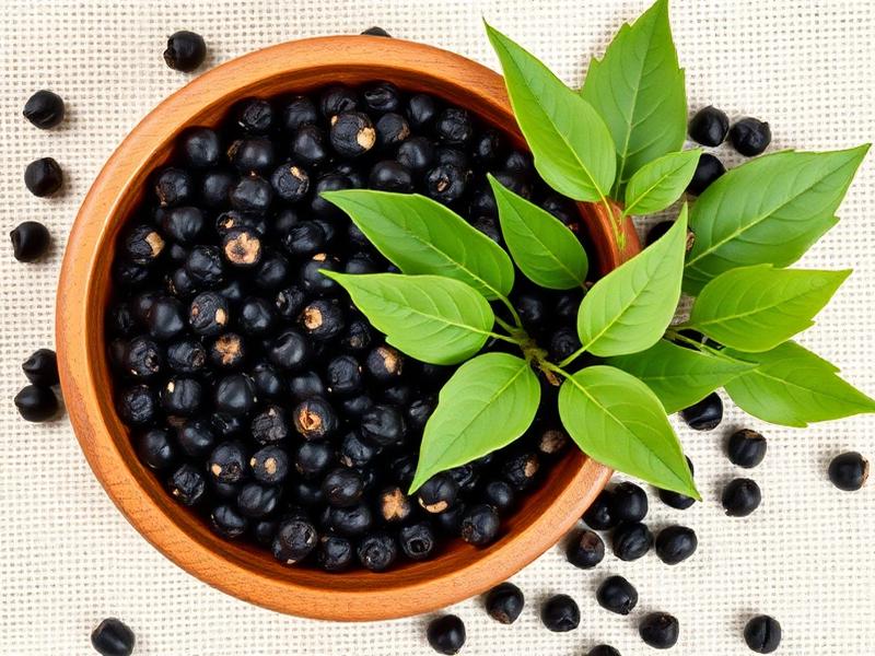 Black peppercorns in a bowl with fresh pepper vine leaves