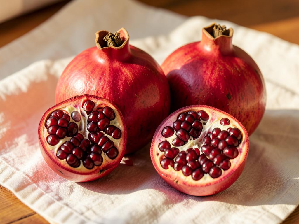 Whole and halved red pomegranates showing ruby arils