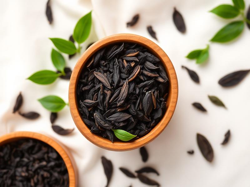 Loose black tea leaves in a wooden bowl with fresh tea leaves