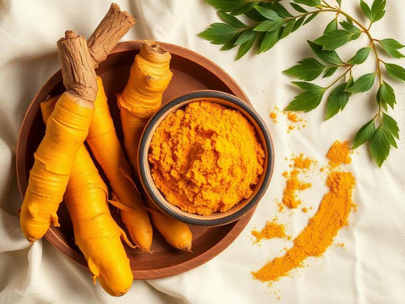 Turmeric roots and golden turmeric powder in a wooden bowl