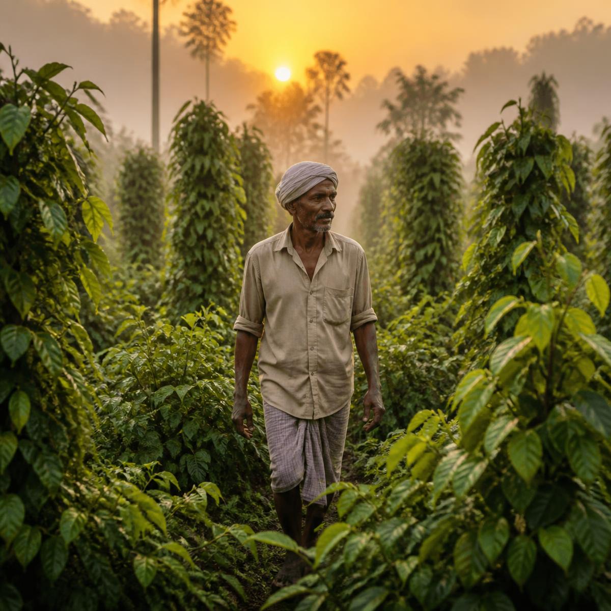 Farmer walking through a green pepper and spice plantation at sunrise